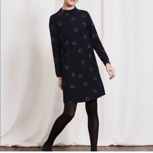 Boden High Neck Shift Dress Women's 6 Long Navy Blue Circle Print Long Sleeve